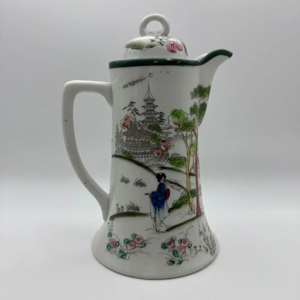 Vintage Japanese Porcelain Chocolate Pot Geisha Pagoda Scene Made in Japan 9.5